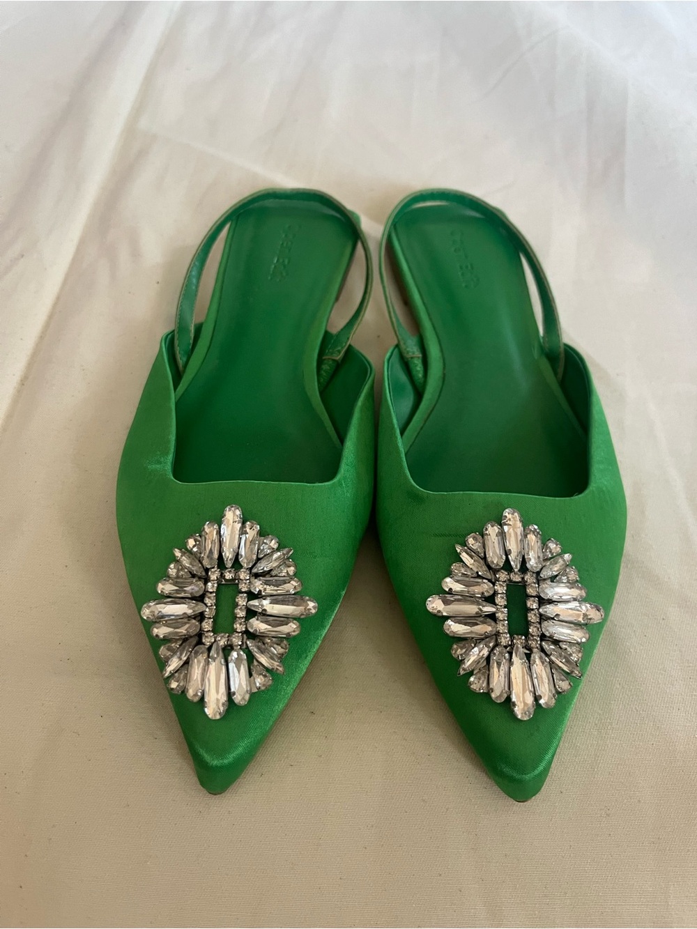 Open Edit Green Jeweled Pointed-Toe Slingback Flats. Size 7